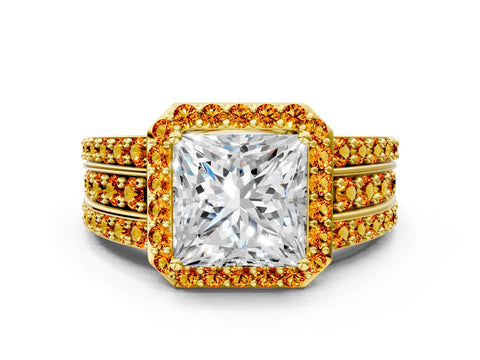 Yellow gold Princess Cut Halo Diamond Ring with Round with Citrine side stone Split Shank and Prong Setting