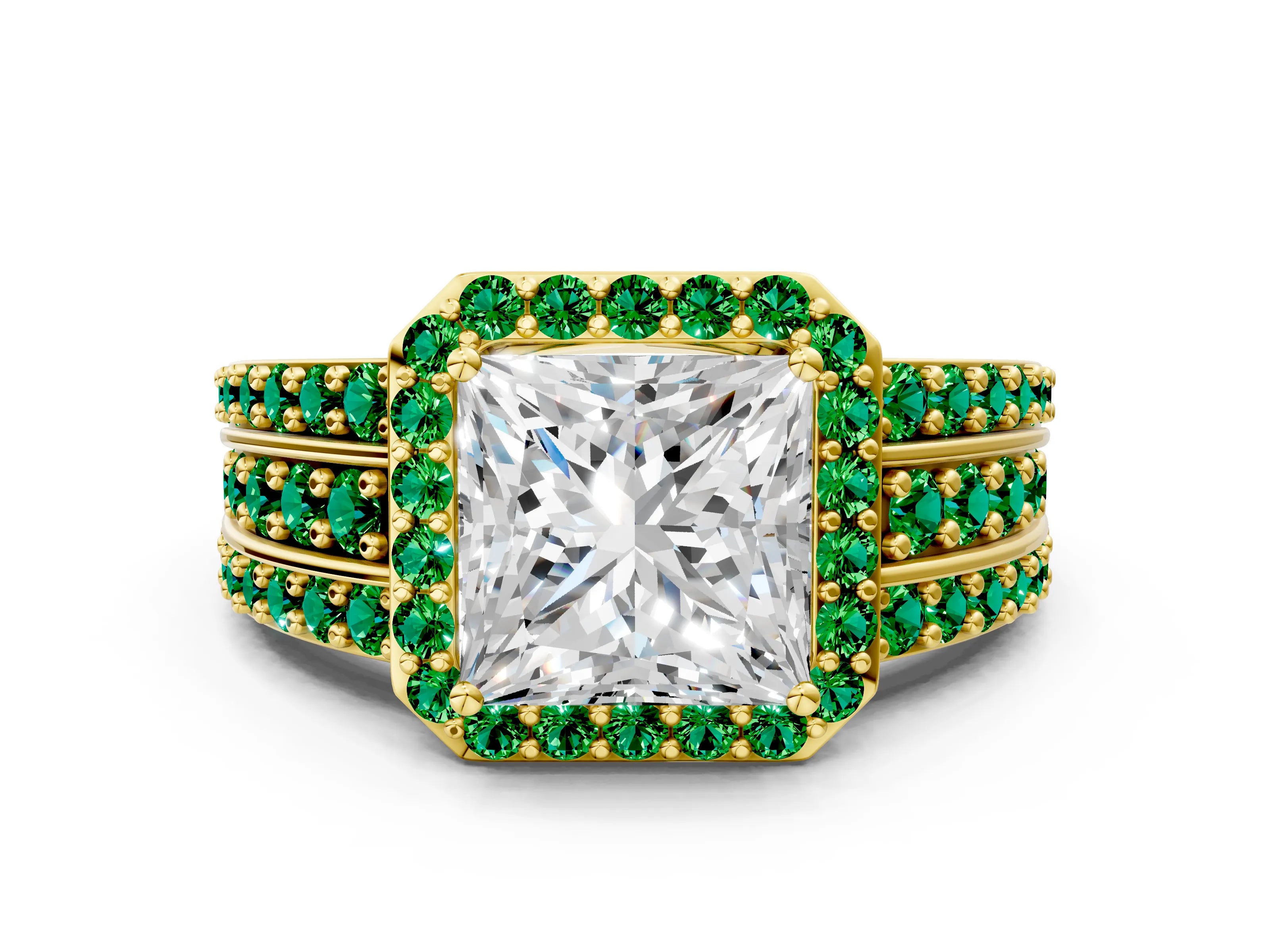 Yellow gold Princess Cut Halo Diamond Ring with Round with Emerald side stone Split Shank and Prong Setting