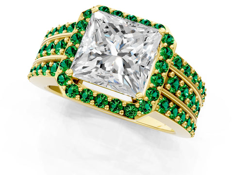 Yellow gold Princess Cut Halo Diamond Ring with Round with Emerald side stone Split Shank and Prong Setting_1