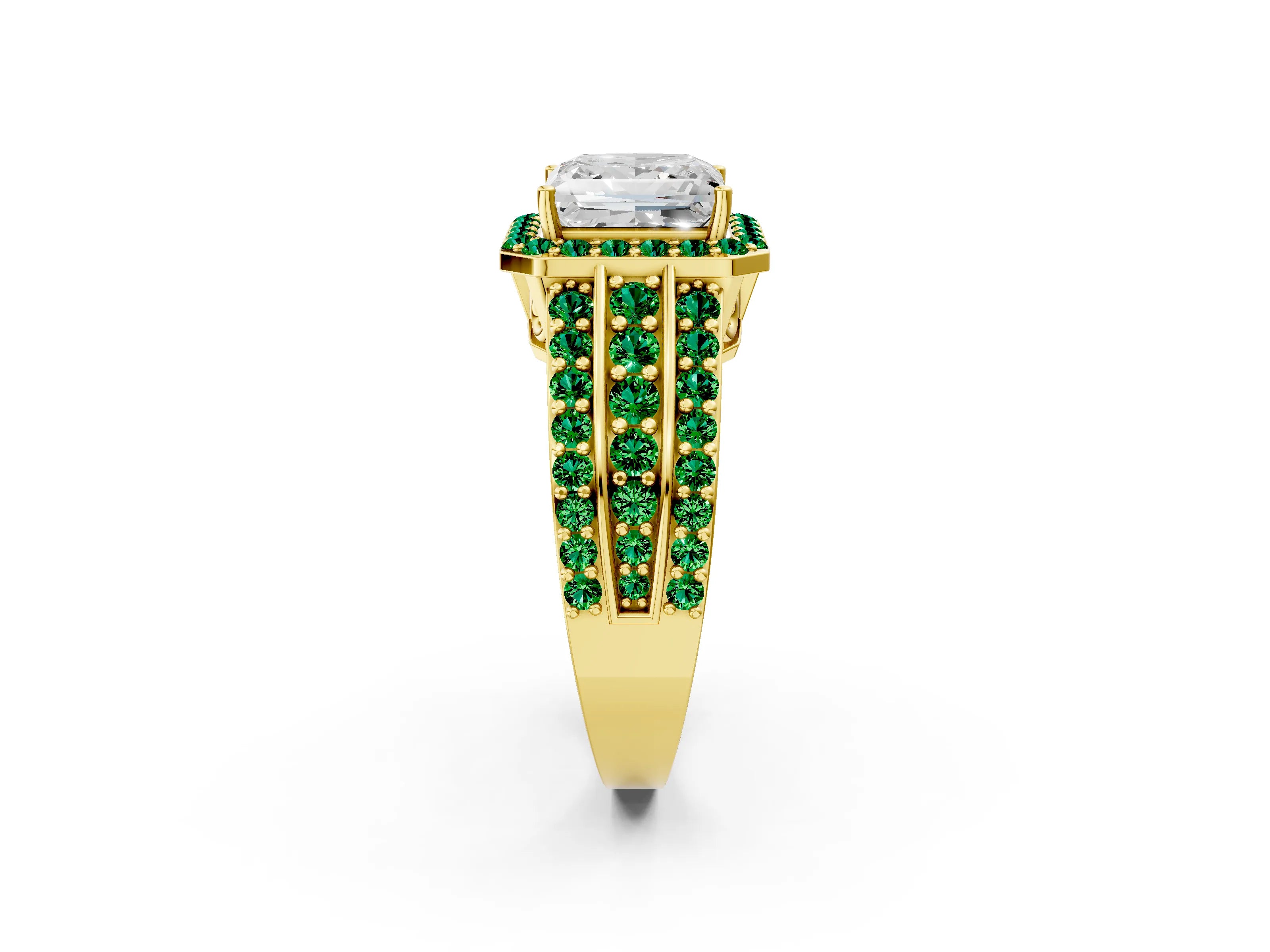 Yellow gold Princess Cut Halo Diamond Ring with Round with Emerald side stone Split Shank and Prong Setting_2