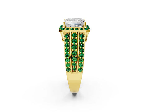 Yellow gold Princess Cut Halo Diamond Ring with Round with Emerald side stone Split Shank and Prong Setting_2