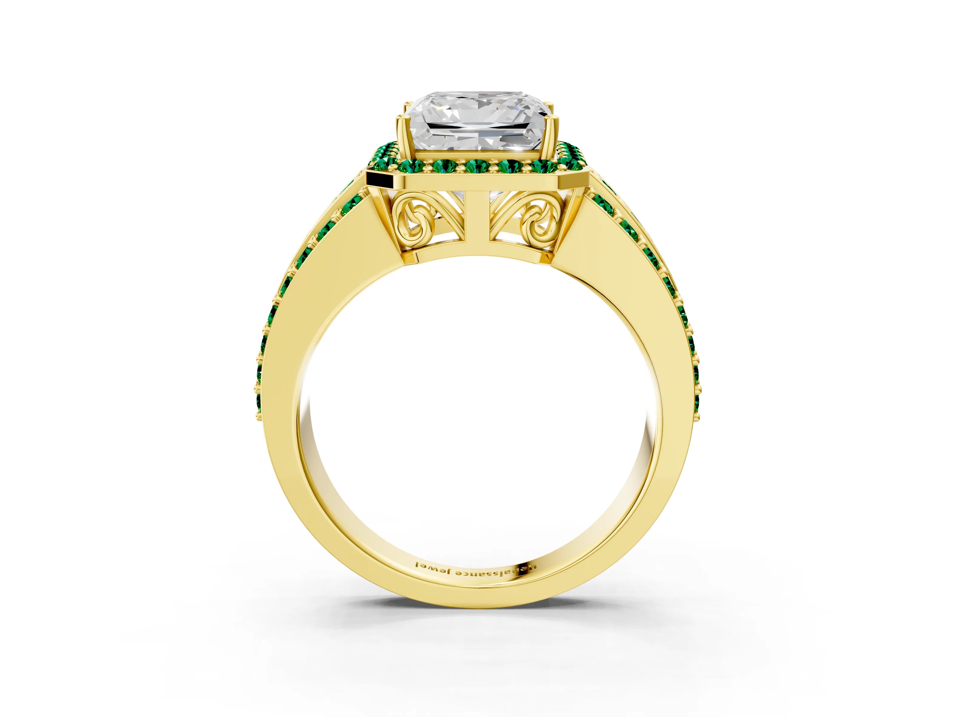 Yellow gold Princess Cut Halo Diamond Ring with Round with Emerald side stone Split Shank and Prong Setting_3