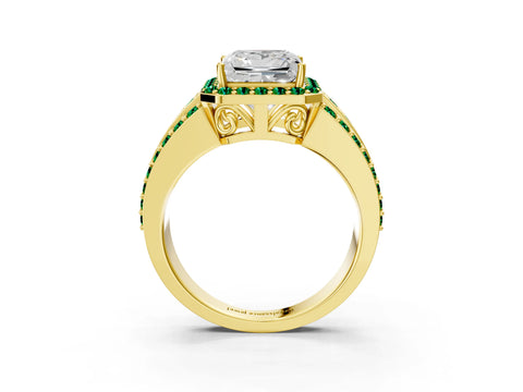 Yellow gold Princess Cut Halo Diamond Ring with Round with Emerald side stone Split Shank and Prong Setting_3