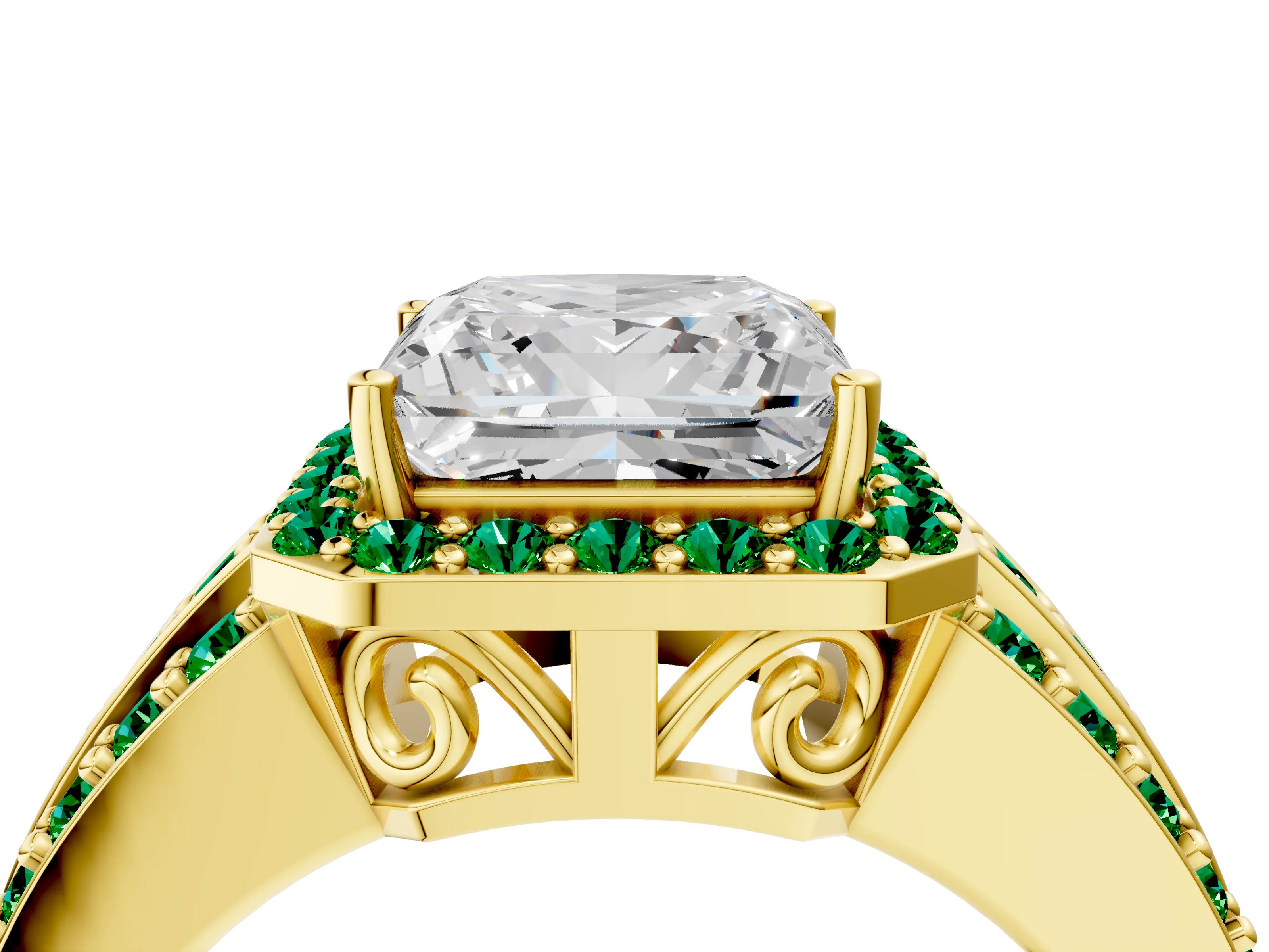 Yellow gold Princess Cut Halo Diamond Ring with Round with Emerald side stone Split Shank and Prong Setting_4