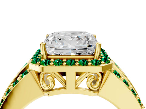 Yellow gold Princess Cut Halo Diamond Ring with Round with Emerald side stone Split Shank and Prong Setting_4