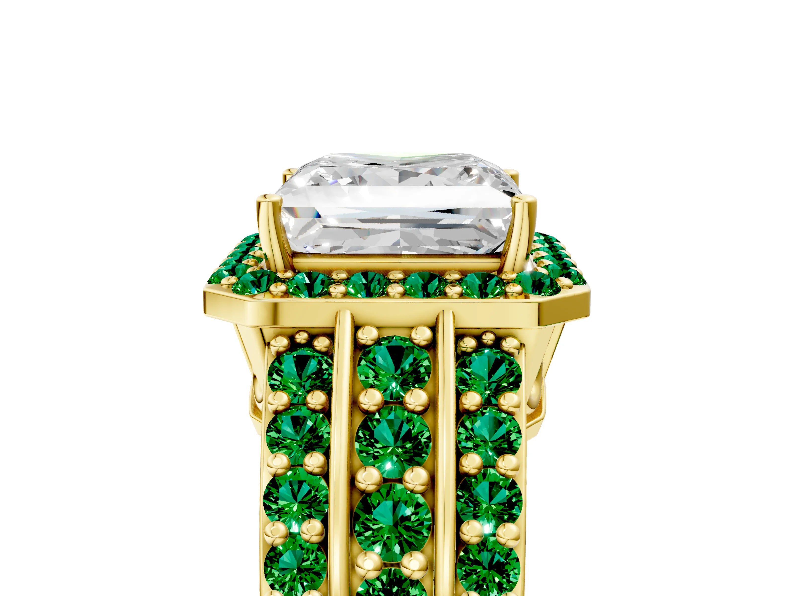 Yellow gold Princess Cut Halo Diamond Ring with Round with Emerald side stone Split Shank and Prong Setting_5