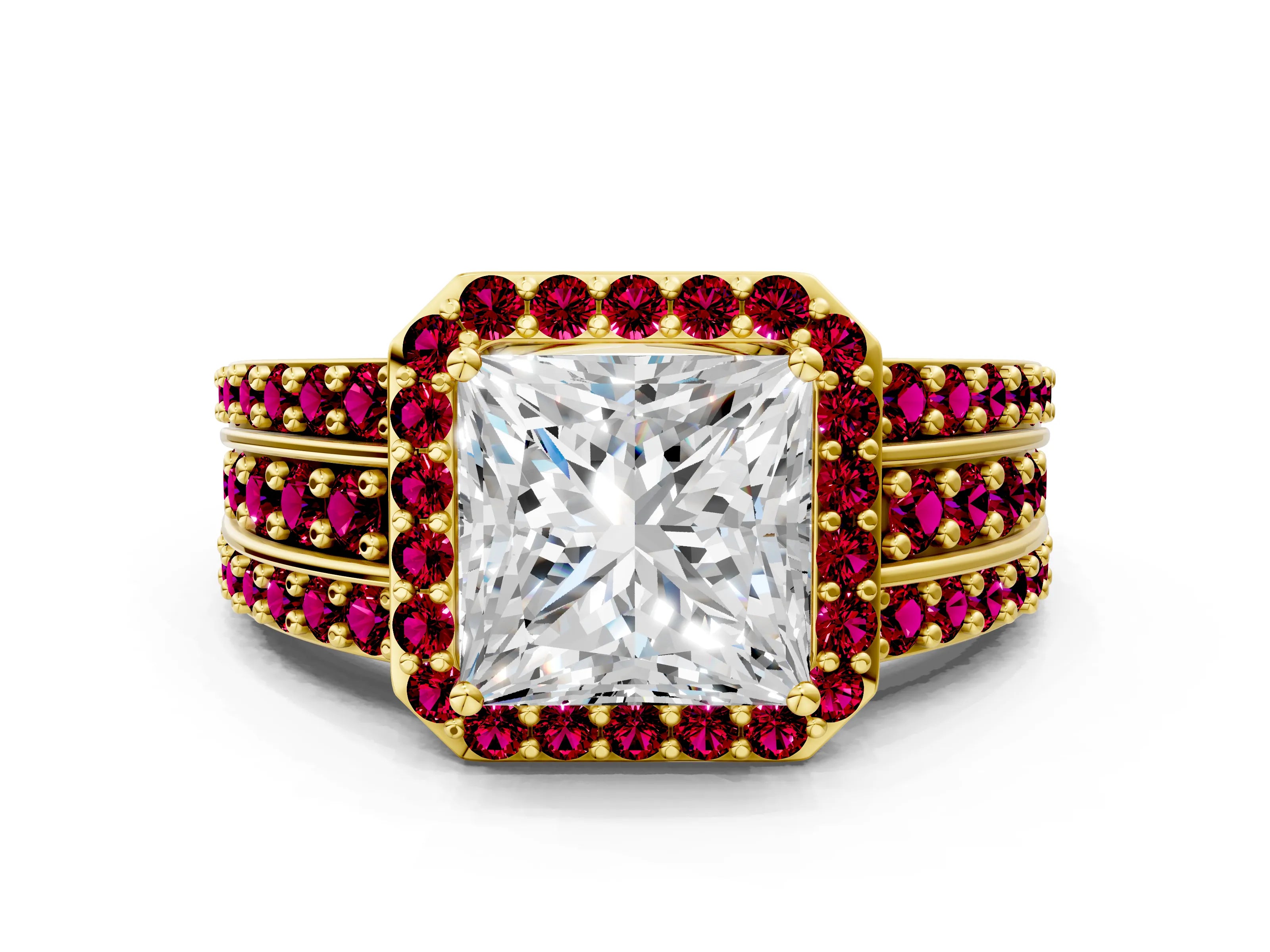 Yellow gold Princess Cut Halo Diamond Ring with Round with Garnet side stone Split Shank and Prong Setting