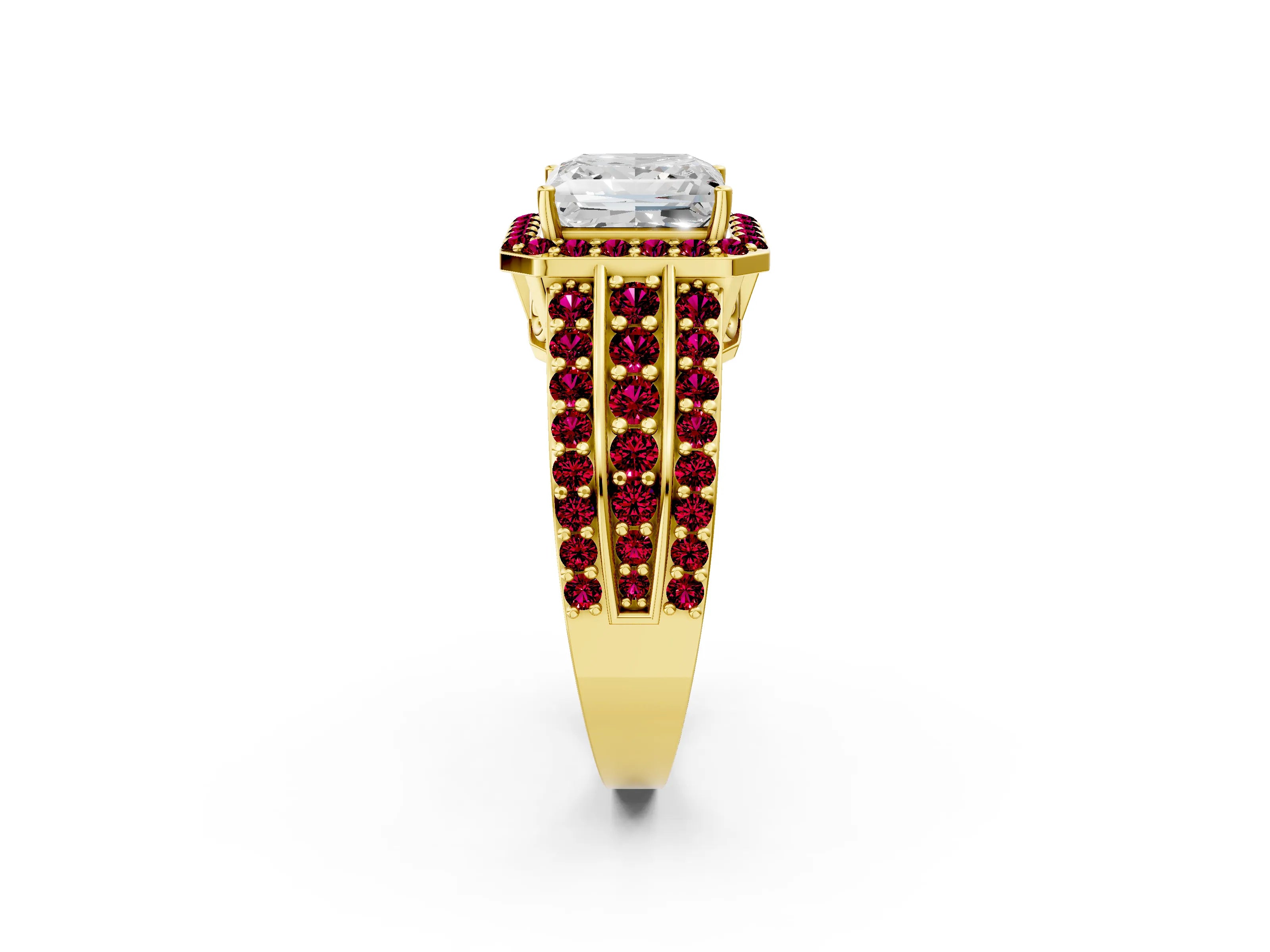 Yellow gold Princess Cut Halo Diamond Ring with Round with Garnet side stone Split Shank and Prong Setting_2