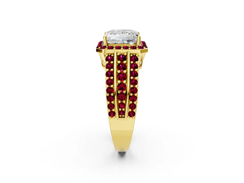 Yellow gold Princess Cut Halo Diamond Ring with Round with Garnet side stone Split Shank and Prong Setting_2