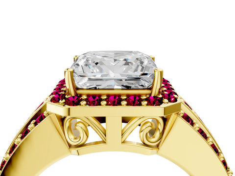 Yellow gold Princess Cut Halo Diamond Ring with Round with Garnet side stone Split Shank and Prong Setting_4
