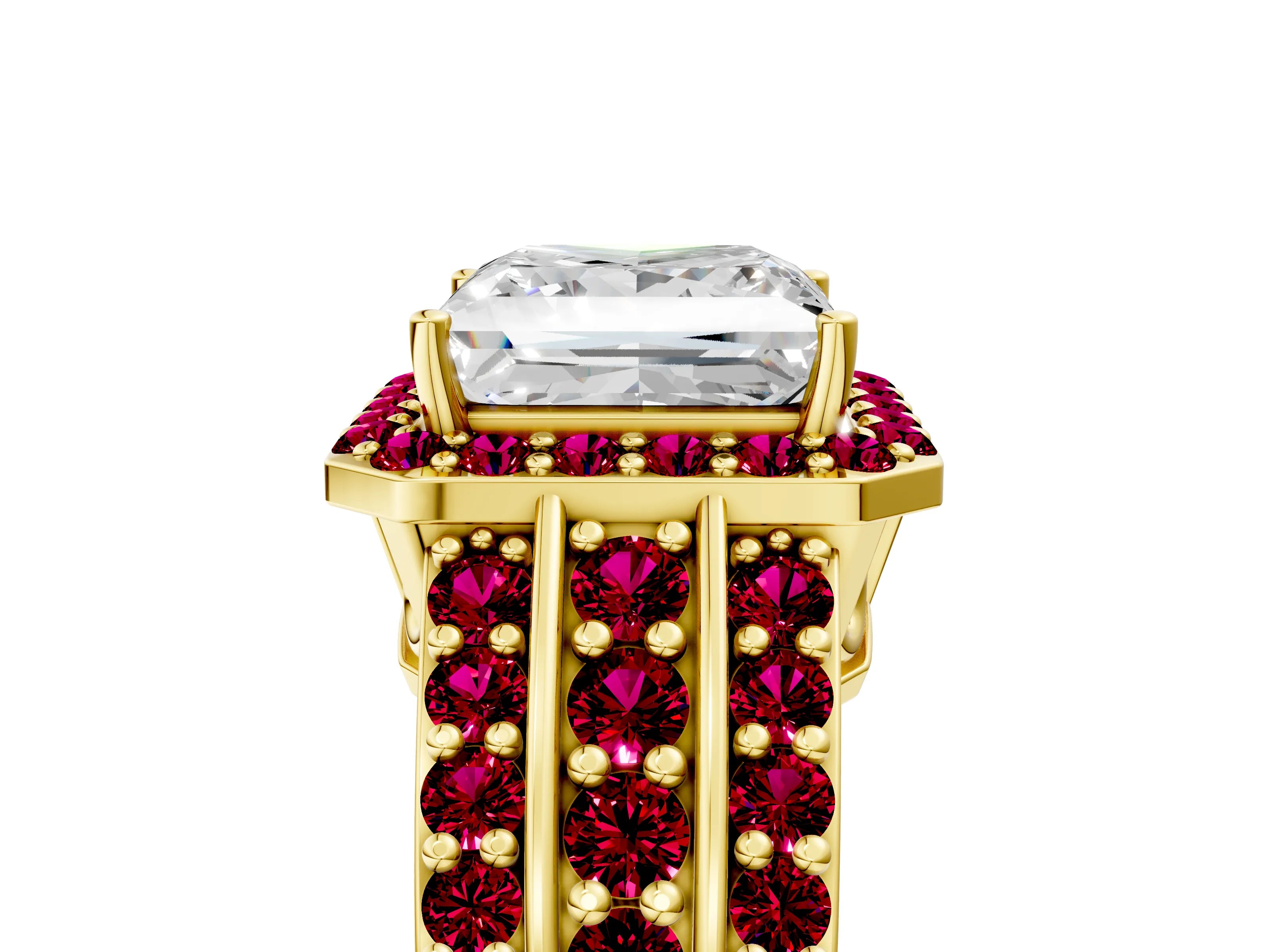 Yellow gold Princess Cut Halo Diamond Ring with Round with Garnet side stone Split Shank and Prong Setting_5