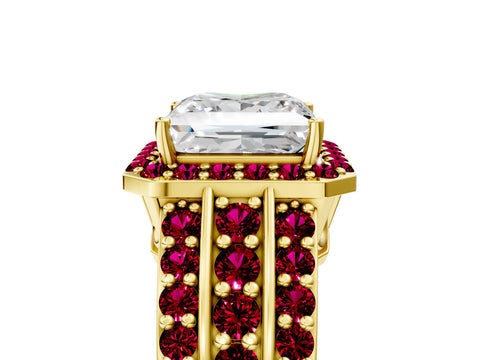 Yellow gold Princess Cut Halo Diamond Ring with Round with Garnet side stone Split Shank and Prong Setting_5
