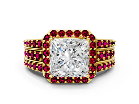Yellow gold Princess Cut Halo Diamond Ring with Round with Garnet side stone Split Shank and Prong Setting