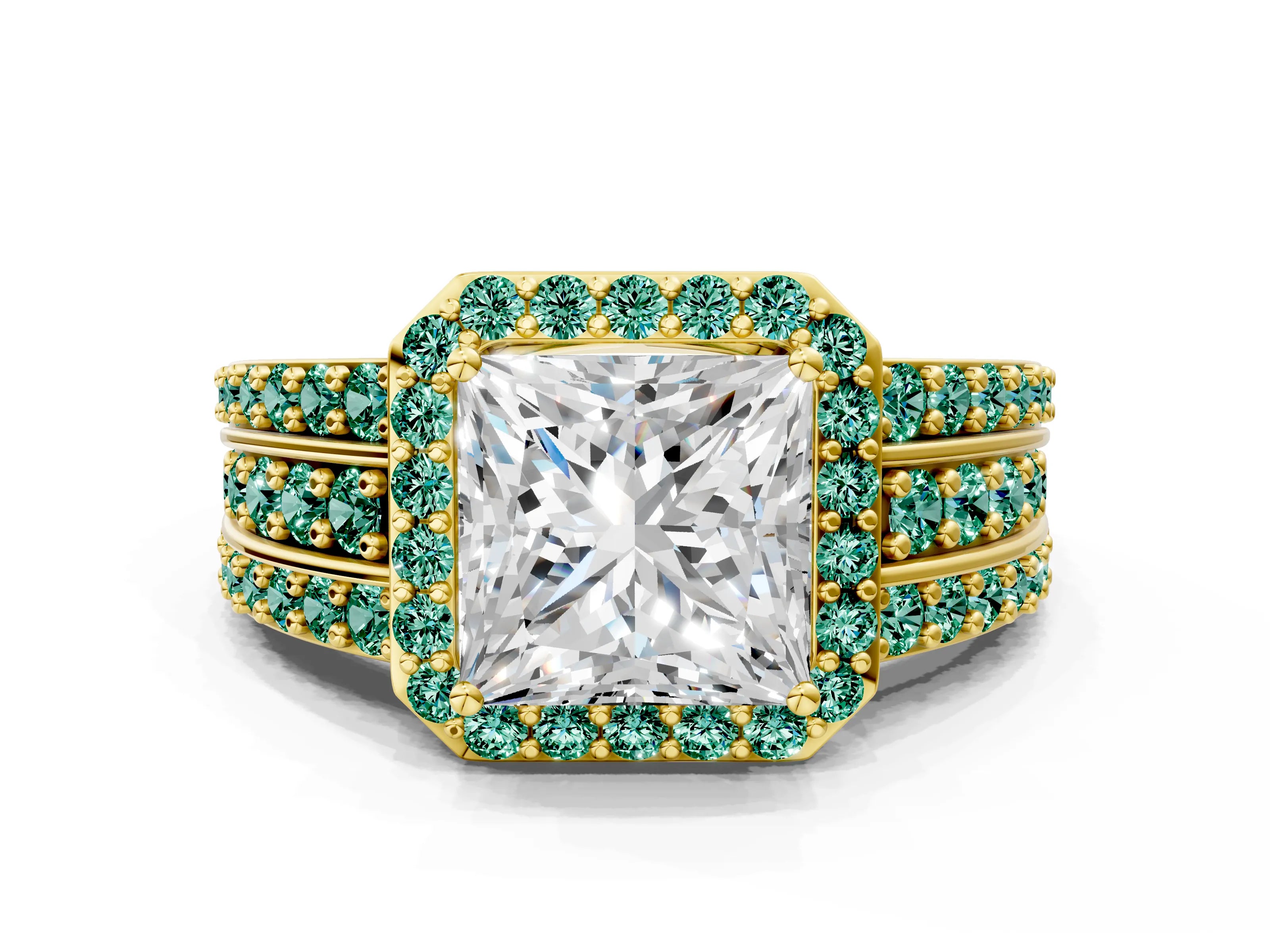 Yellow gold Princess Cut Halo Diamond Ring with Round with Green Sapphire side stone Split Shank and Prong Setting