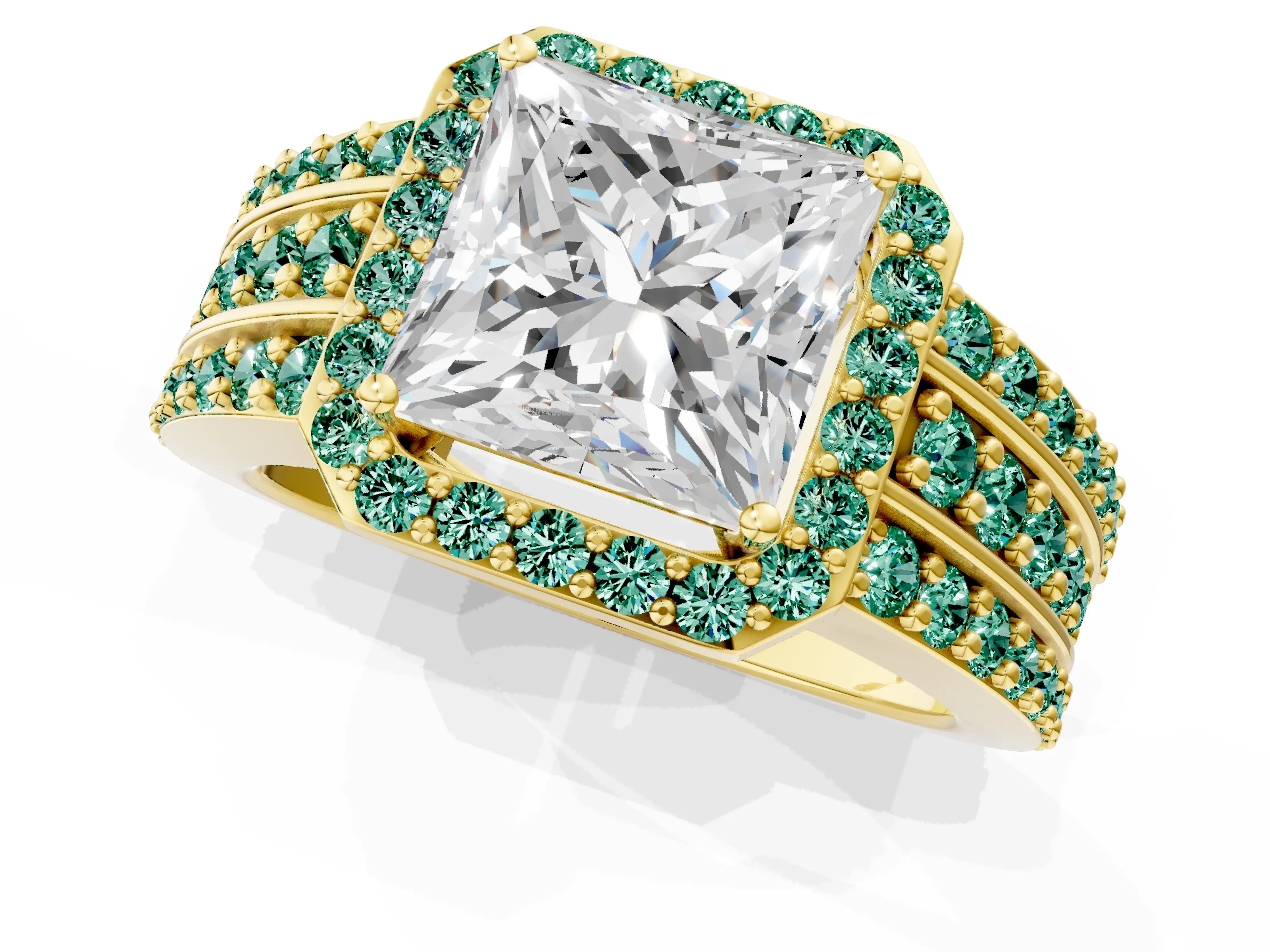 Yellow gold Princess Cut Halo Diamond Ring with Round with Green Sapphire side stone Split Shank and Prong Setting_1
