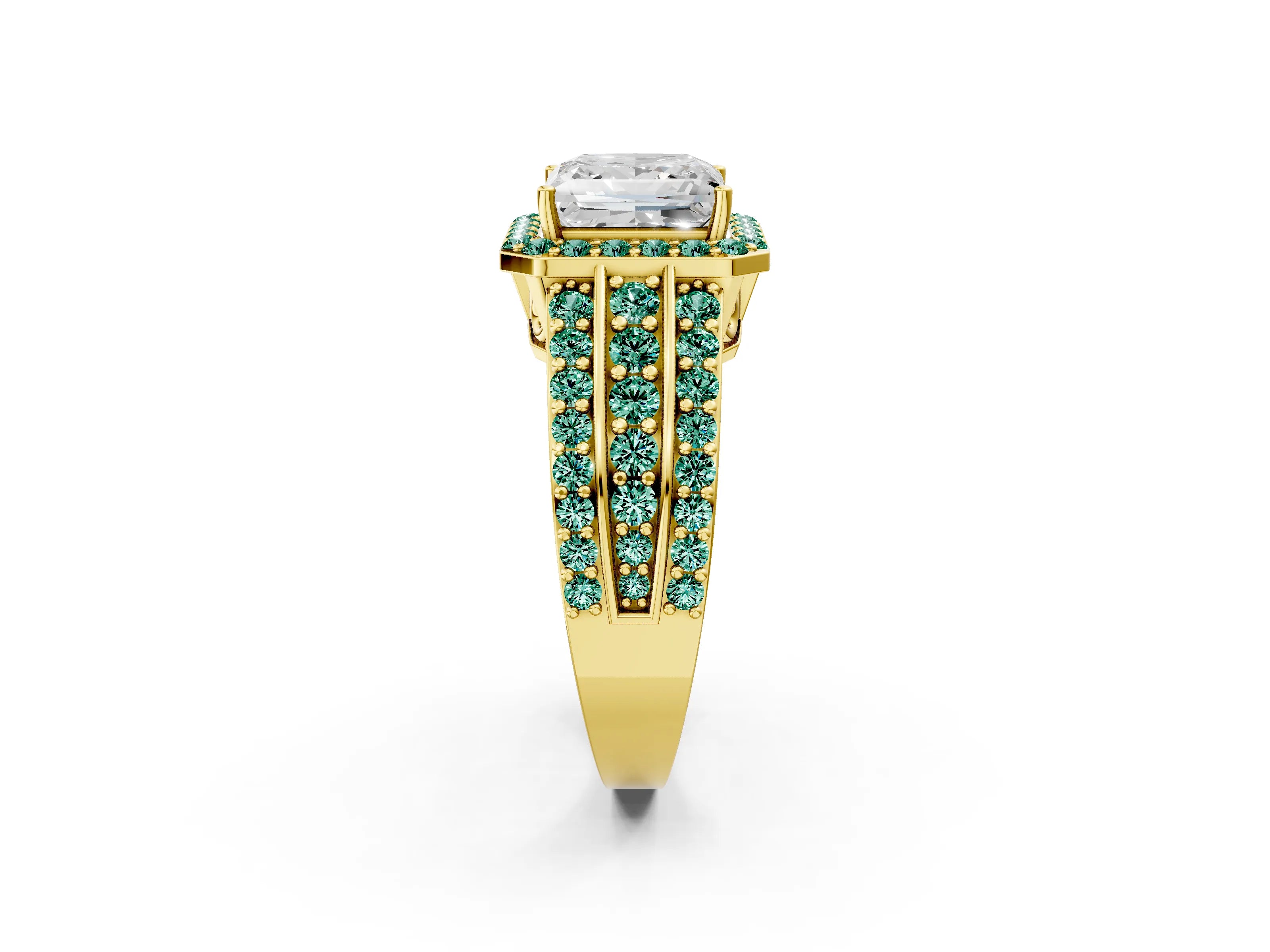 Yellow gold Princess Cut Halo Diamond Ring with Round with Green Sapphire side stone Split Shank and Prong Setting_2
