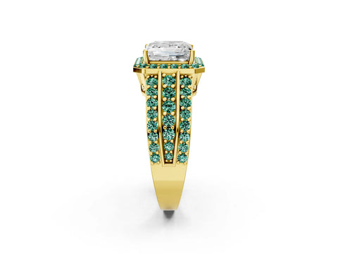 Yellow gold Princess Cut Halo Diamond Ring with Round with Green Sapphire side stone Split Shank and Prong Setting_2