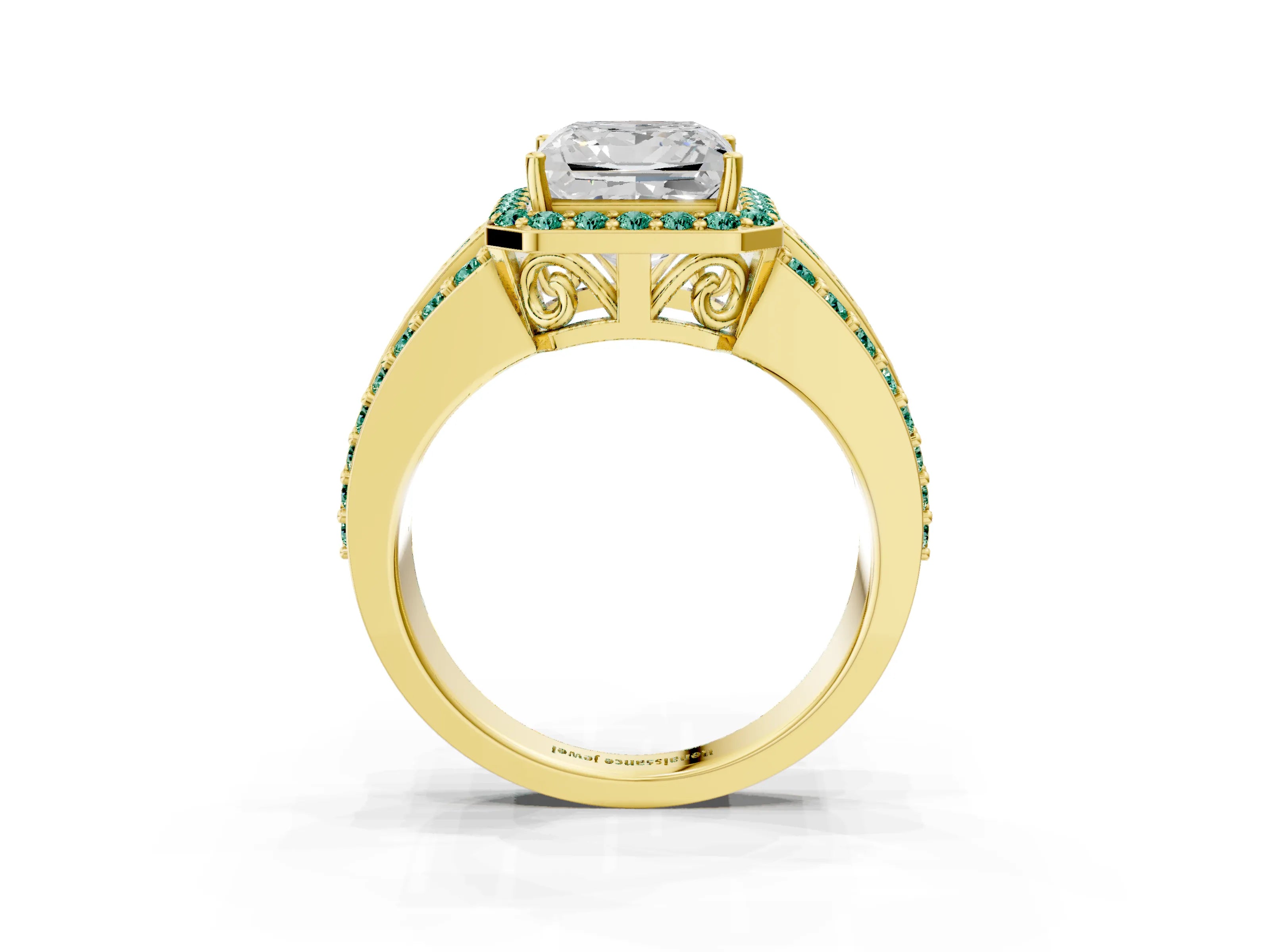 Yellow gold Princess Cut Halo Diamond Ring with Round with Green Sapphire side stone Split Shank and Prong Setting_3