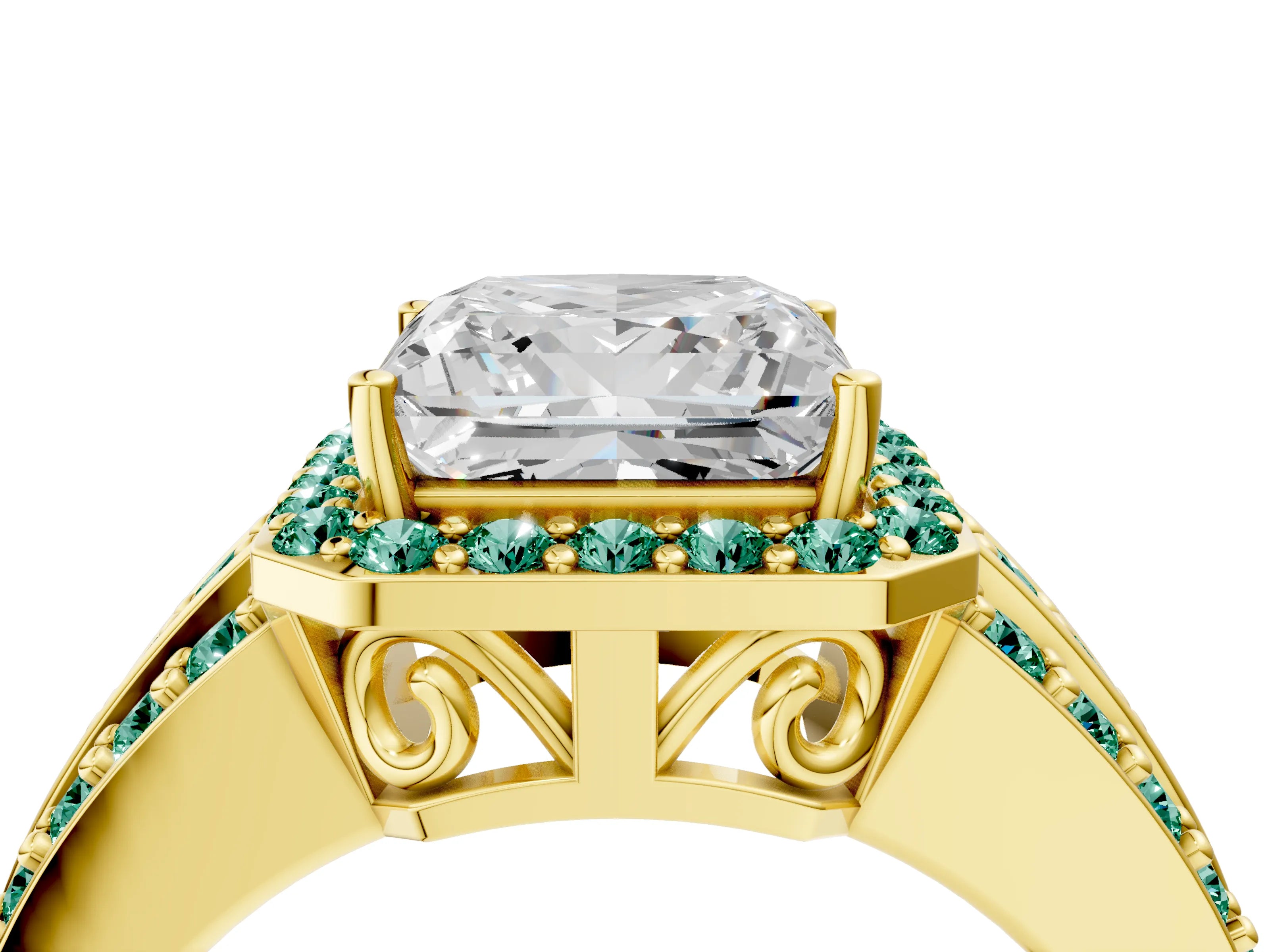 Yellow gold Princess Cut Halo Diamond Ring with Round with Green Sapphire side stone Split Shank and Prong Setting_4