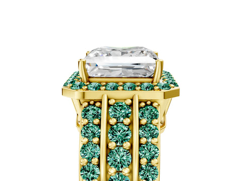Yellow gold Princess Cut Halo Diamond Ring with Round with Green Sapphire side stone Split Shank and Prong Setting_5
