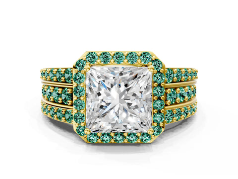 Yellow gold Princess Cut Halo Diamond Ring with Round with Green Sapphire side stone Split Shank and Prong Setting
