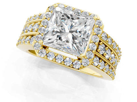 Yellow gold Princess Cut Halo Diamond Ring with Round with Moissanite side stone Split Shank and Prong Setting_1
