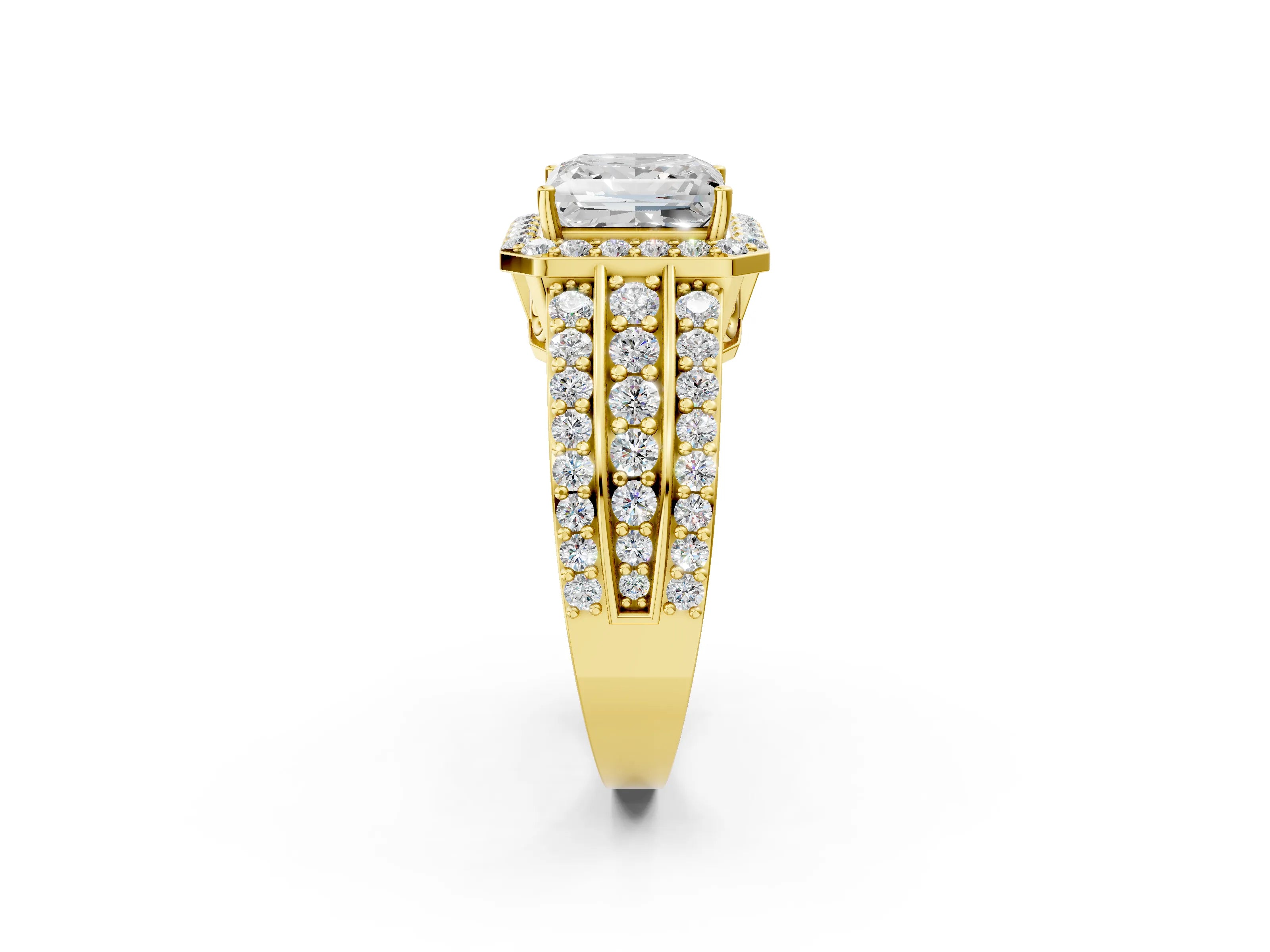 Yellow gold Princess Cut Halo Diamond Ring with Round with Moissanite side stone Split Shank and Prong Setting_2