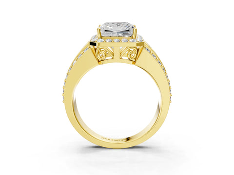 Yellow gold Princess Cut Halo Diamond Ring with Round with Moissanite side stone Split Shank and Prong Setting_3