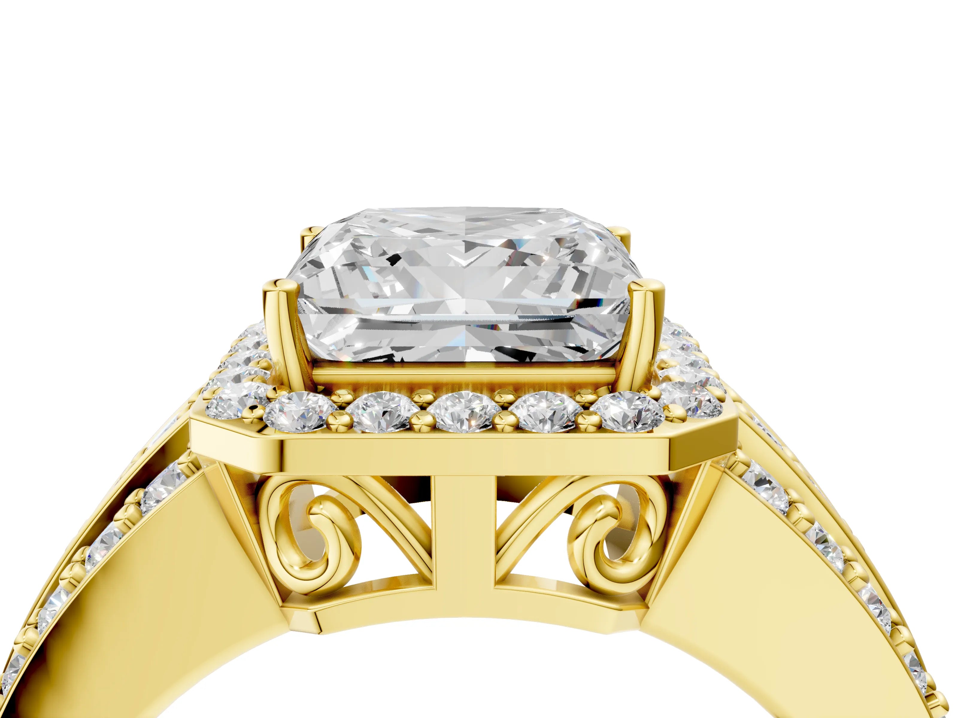 Yellow gold Princess Cut Halo Diamond Ring with Round with Moissanite side stone Split Shank and Prong Setting_4