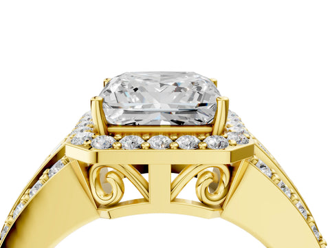 Yellow gold Princess Cut Halo Diamond Ring with Round with Moissanite side stone Split Shank and Prong Setting_4