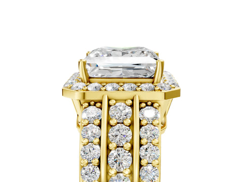 Yellow gold Princess Cut Halo Diamond Ring with Round with Moissanite side stone Split Shank and Prong Setting_5