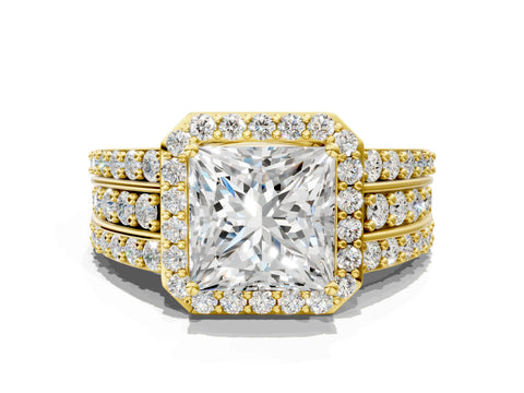 Yellow gold Princess Cut Halo Diamond Ring with Round with Moissanite side stone Split Shank and Prong Setting