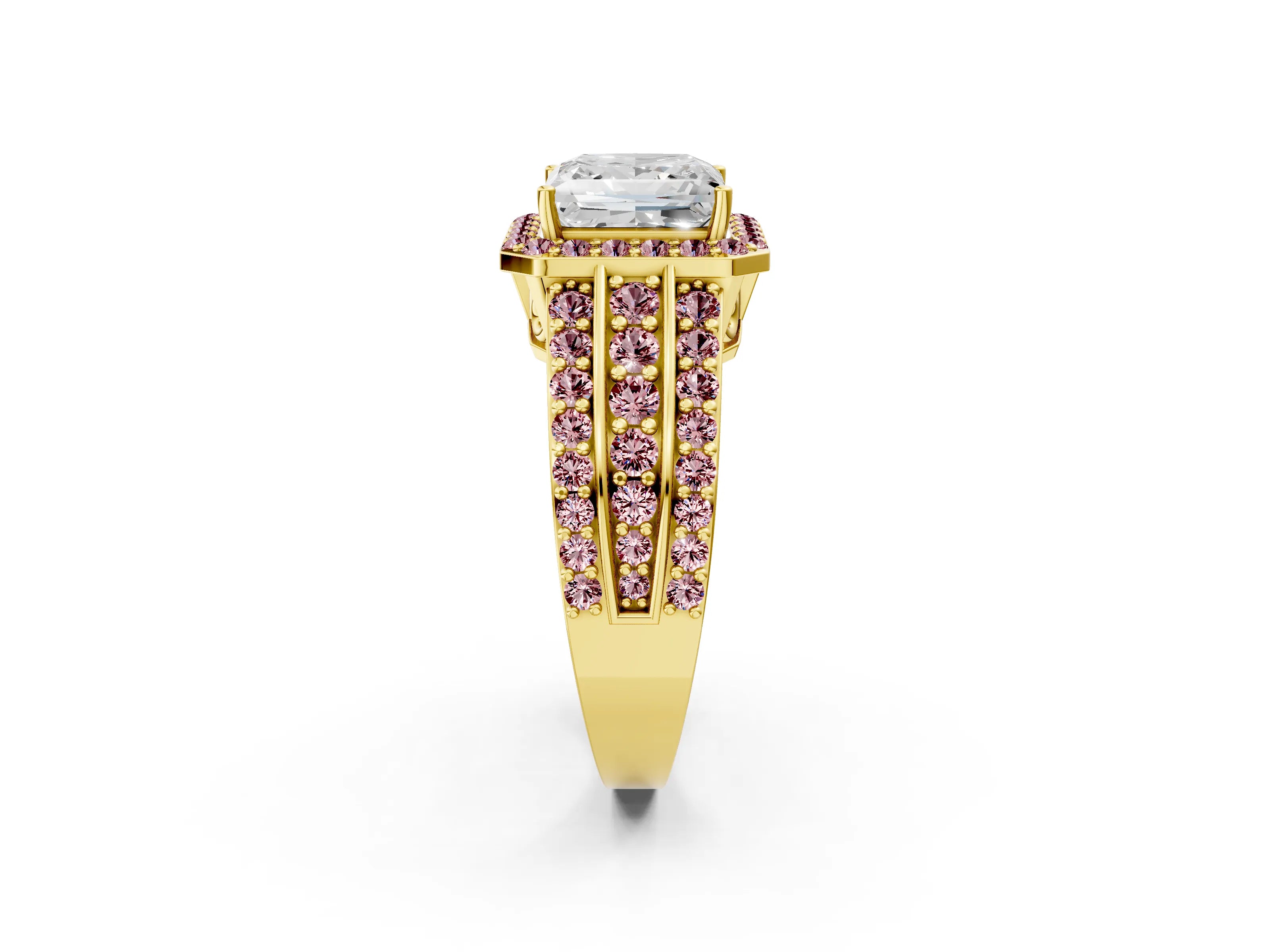 Yellow gold Princess Cut Halo Diamond Ring with Round with Morganite side stone Split Shank and Prong Setting_2
