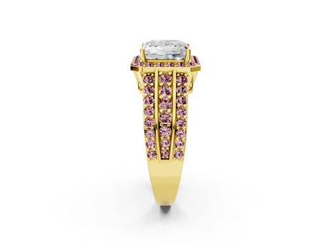 Yellow gold Princess Cut Halo Diamond Ring with Round with Morganite side stone Split Shank and Prong Setting_2