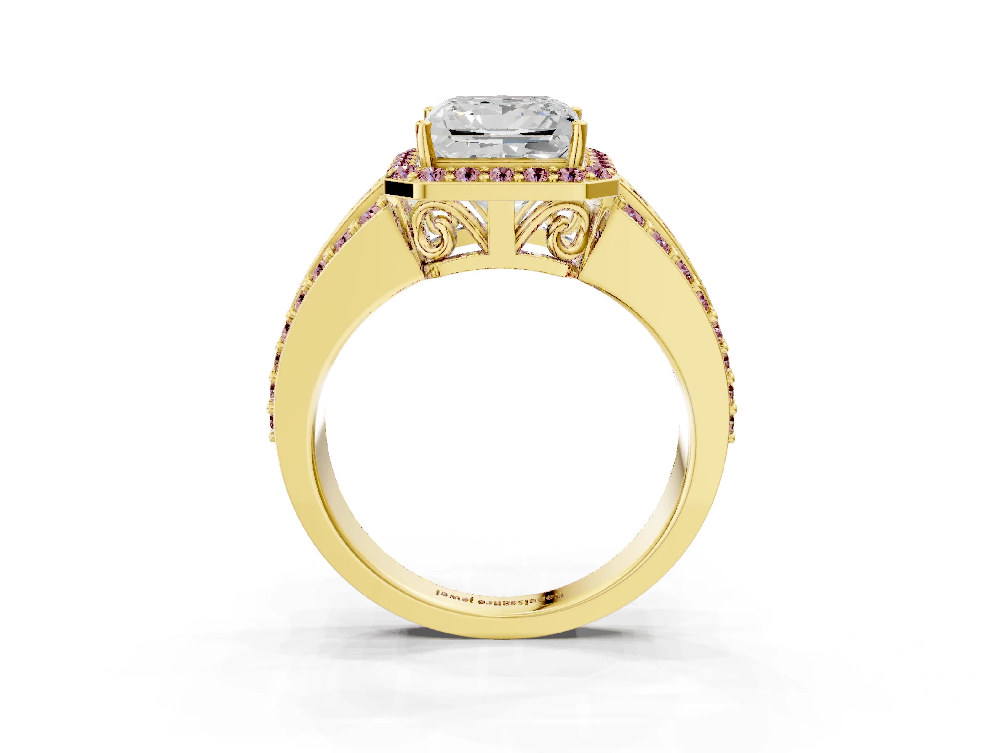 Yellow gold Princess Cut Halo Diamond Ring with Round with Morganite side stone Split Shank and Prong Setting_3