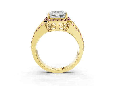 Yellow gold Princess Cut Halo Diamond Ring with Round with Morganite side stone Split Shank and Prong Setting_3