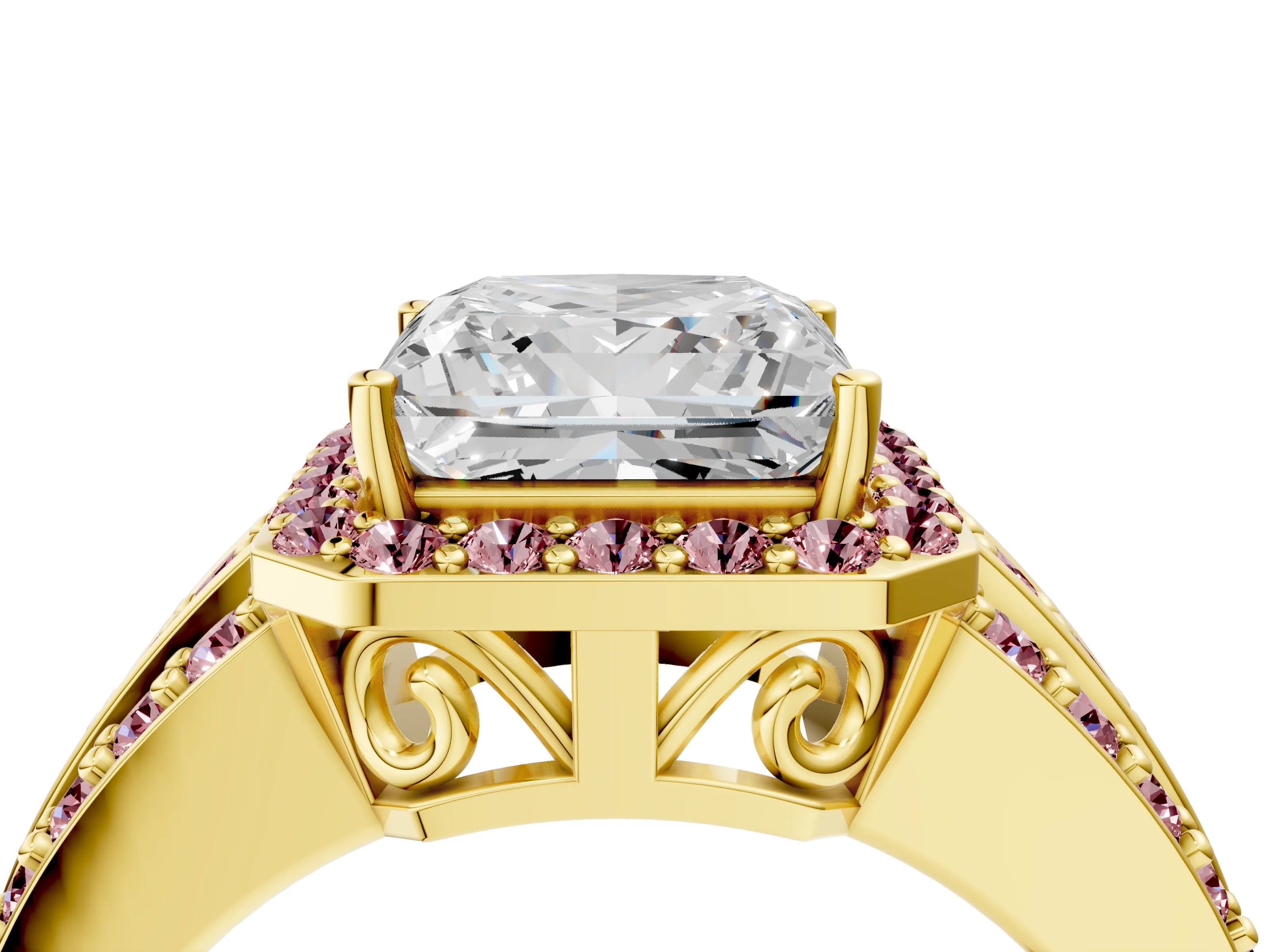 Yellow gold Princess Cut Halo Diamond Ring with Round with Morganite side stone Split Shank and Prong Setting_4