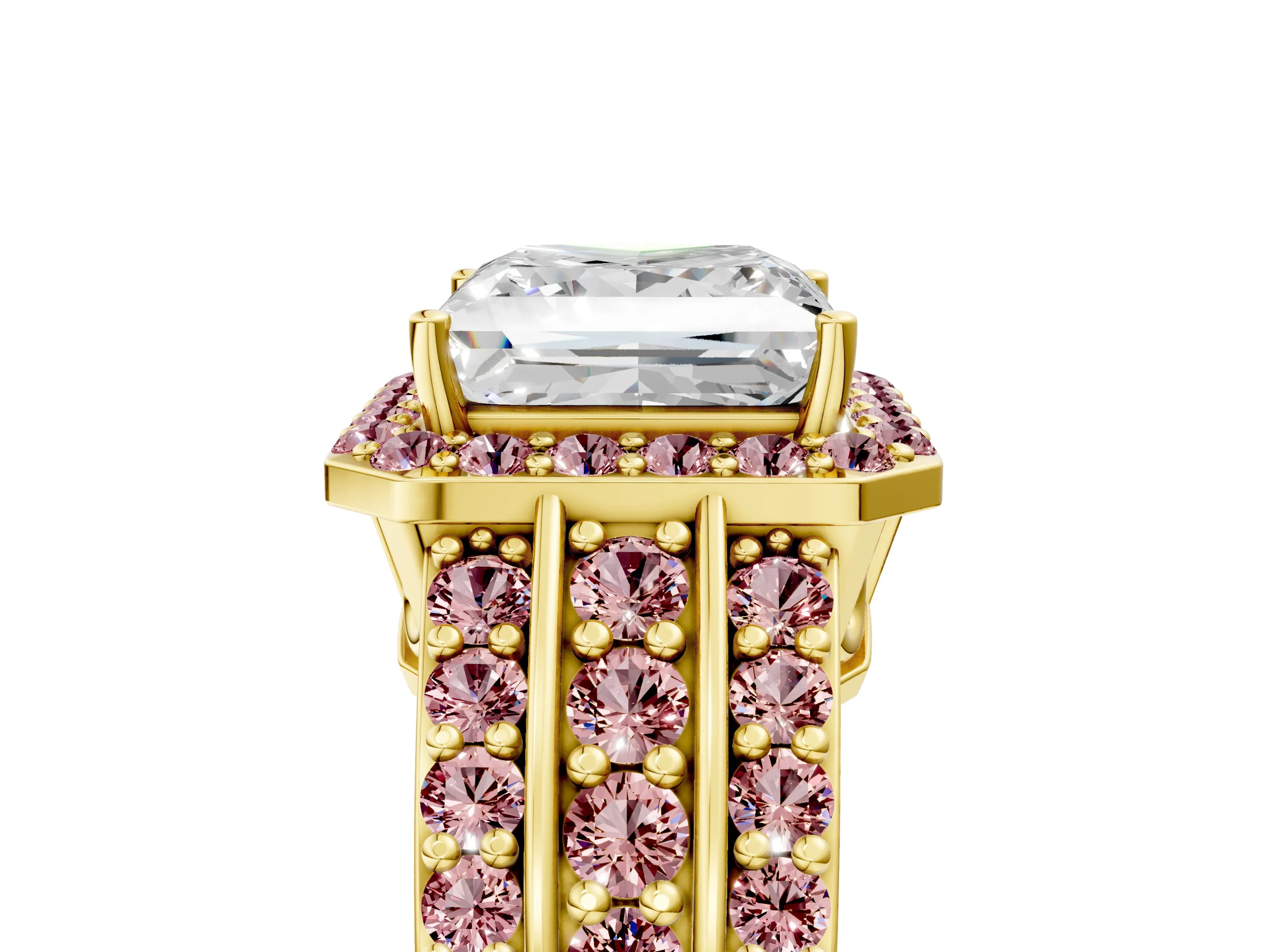 Yellow gold Princess Cut Halo Diamond Ring with Round with Morganite side stone Split Shank and Prong Setting_5
