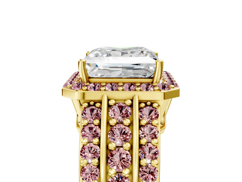 Yellow gold Princess Cut Halo Diamond Ring with Round with Morganite side stone Split Shank and Prong Setting_5