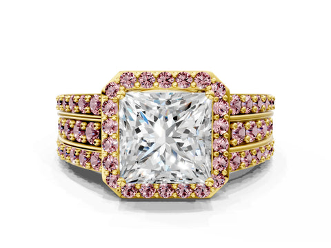 Yellow gold Princess Cut Halo Diamond Ring with Round with Morganite side stone Split Shank and Prong Setting