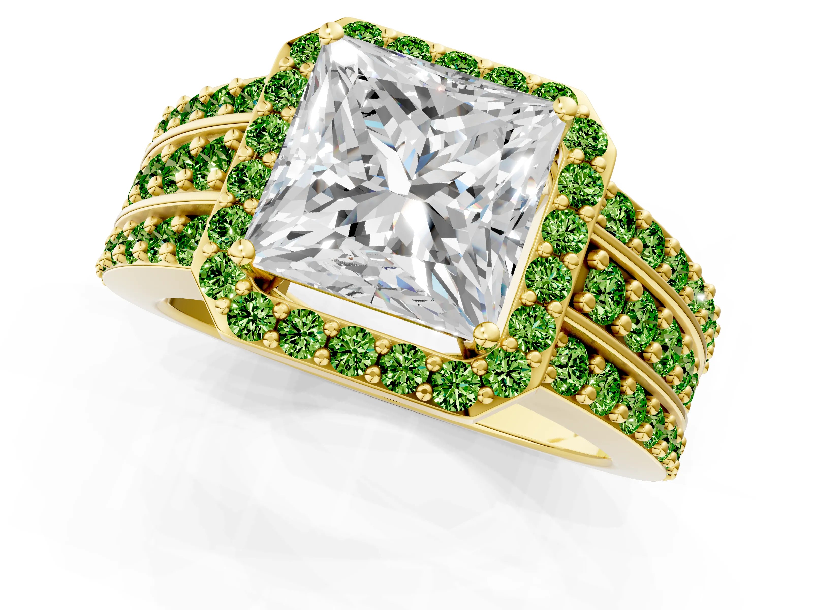 Yellow gold Princess Cut Halo Diamond Ring with Round with Peridot side stone Split Shank and Prong Setting_1