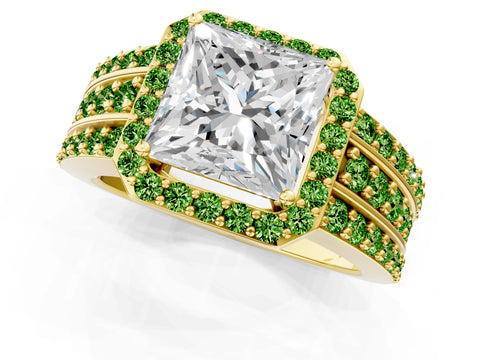 Yellow gold Princess Cut Halo Diamond Ring with Round with Peridot side stone Split Shank and Prong Setting_1