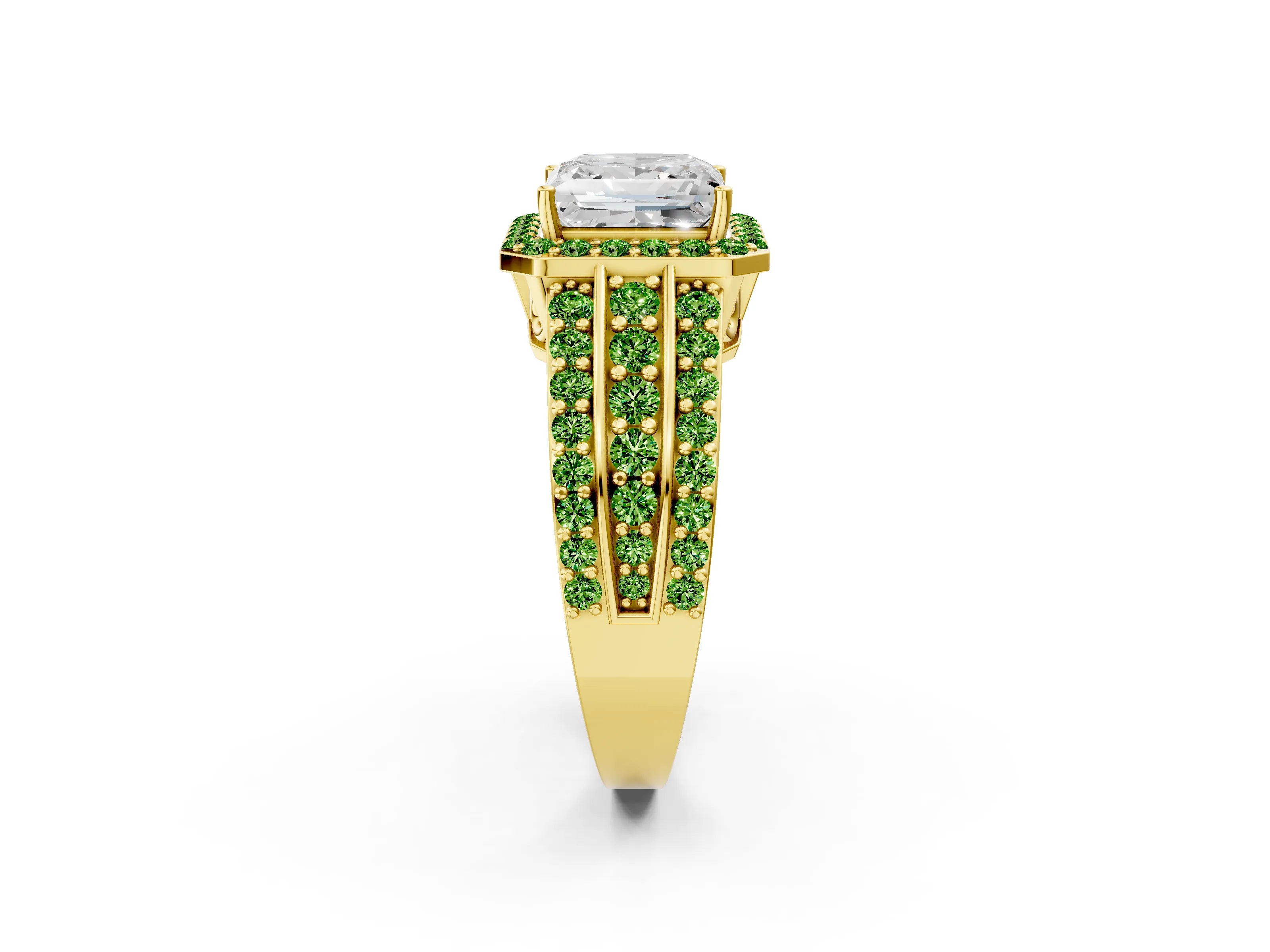 Yellow gold Princess Cut Halo Diamond Ring with Round with Peridot side stone Split Shank and Prong Setting_2