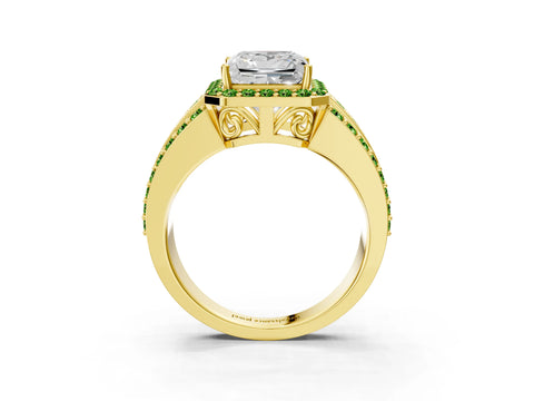 Yellow gold Princess Cut Halo Diamond Ring with Round with Peridot side stone Split Shank and Prong Setting_3