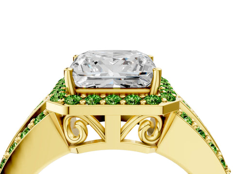 Yellow gold Princess Cut Halo Diamond Ring with Round with Peridot side stone Split Shank and Prong Setting_4