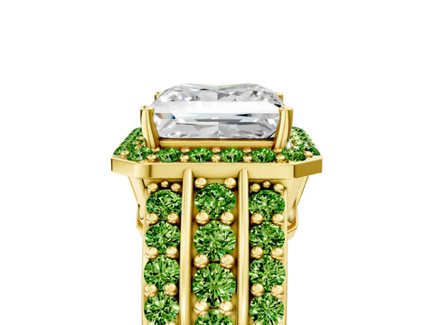 Yellow gold Princess Cut Halo Diamond Ring with Round with Peridot side stone Split Shank and Prong Setting_5