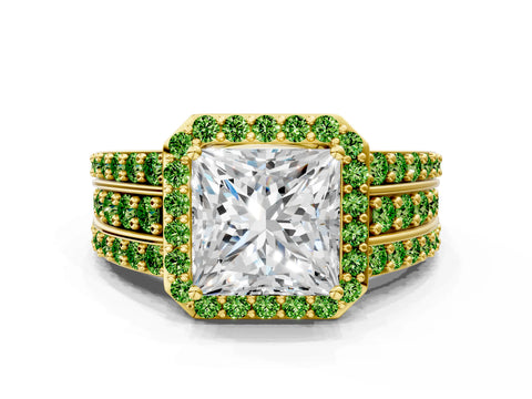 Yellow gold Princess Cut Halo Diamond Ring with Round with Peridot side stone Split Shank and Prong Setting