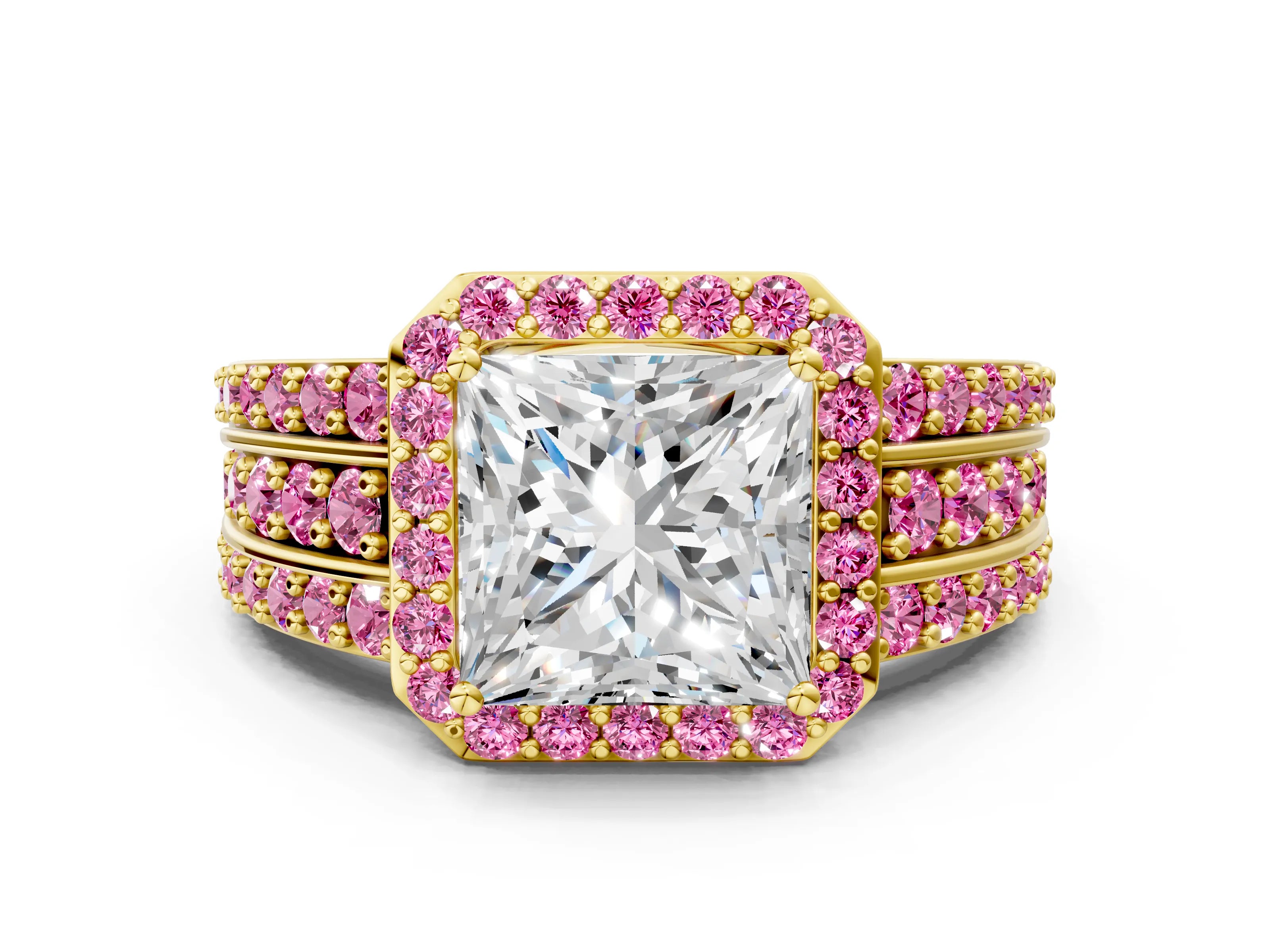 Yellow gold Princess Cut Halo Diamond Ring with Round with Pink Sapphire side stone Split Shank and Prong Setting