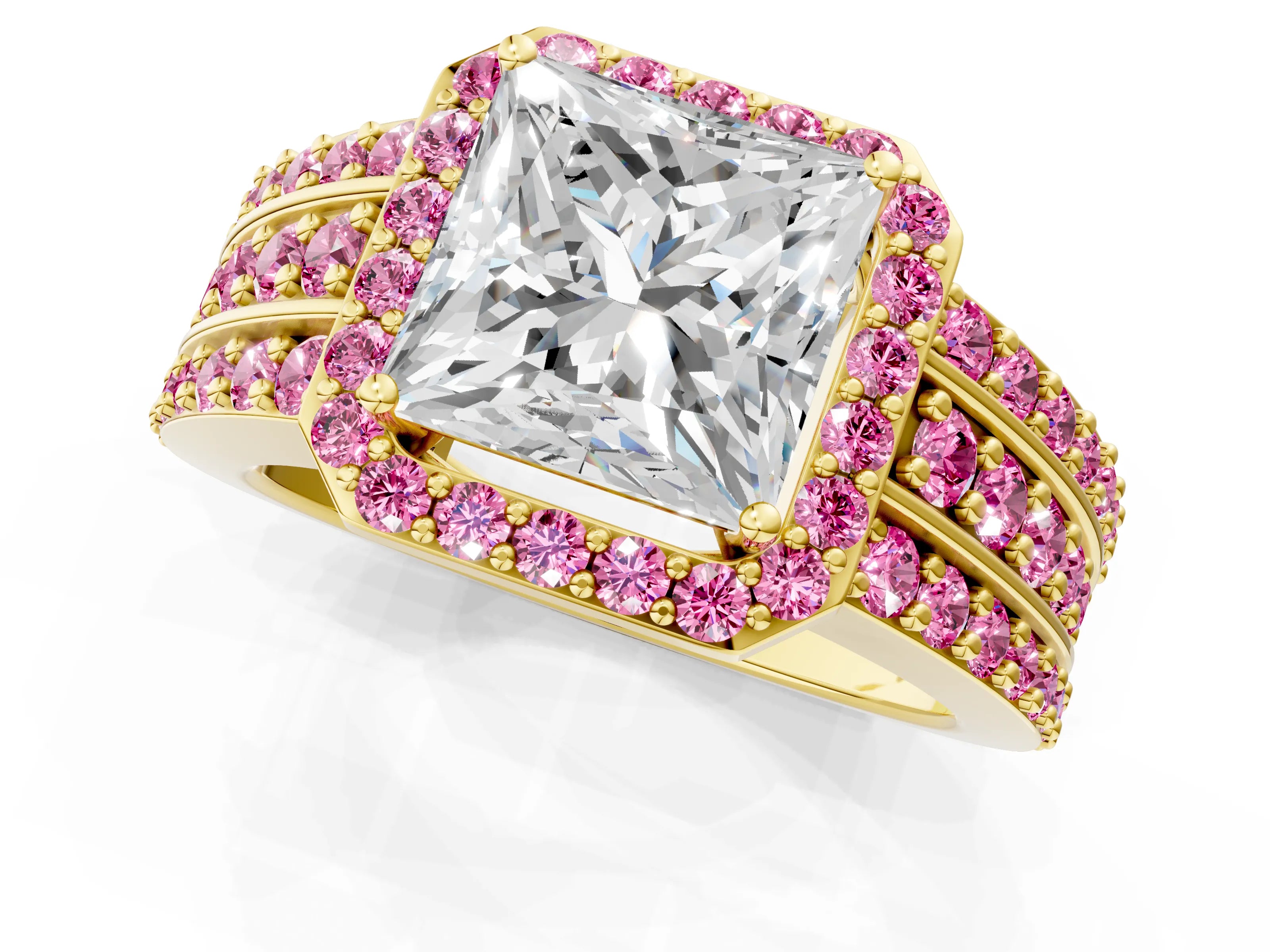 Yellow gold Princess Cut Halo Diamond Ring with Round with Pink Sapphire side stone Split Shank and Prong Setting_1