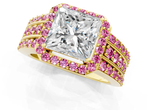 Yellow gold Princess Cut Halo Diamond Ring with Round with Pink Sapphire side stone Split Shank and Prong Setting_1